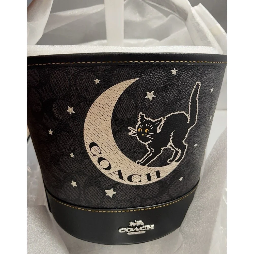 Coach Black Canvas Bucket Trick Or Treat Halloween Spirit Cat Moon Limited NWT
